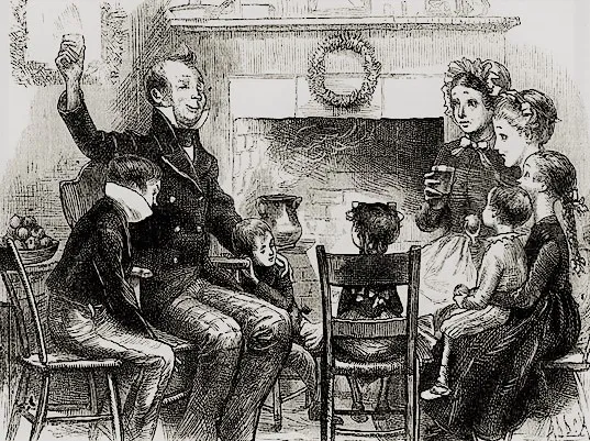 Rodzina Cratchitów i mały Tim przy wigilijnym stole