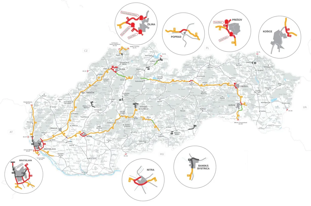 Mapa Słowacji z zaznaczonymi drogami. Unikaj mandatu za brak winiety Czechy, sprawdzając trasy.
