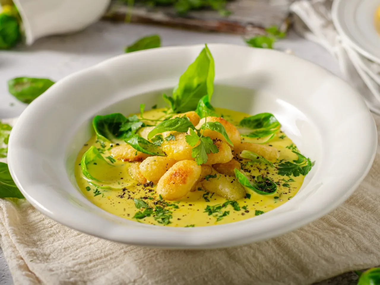 Pyszne kopytka w kremowym sosie, ozdobione świeżymi ziołami i listkami szpinaku. Idealne co do kopytek na obiad!