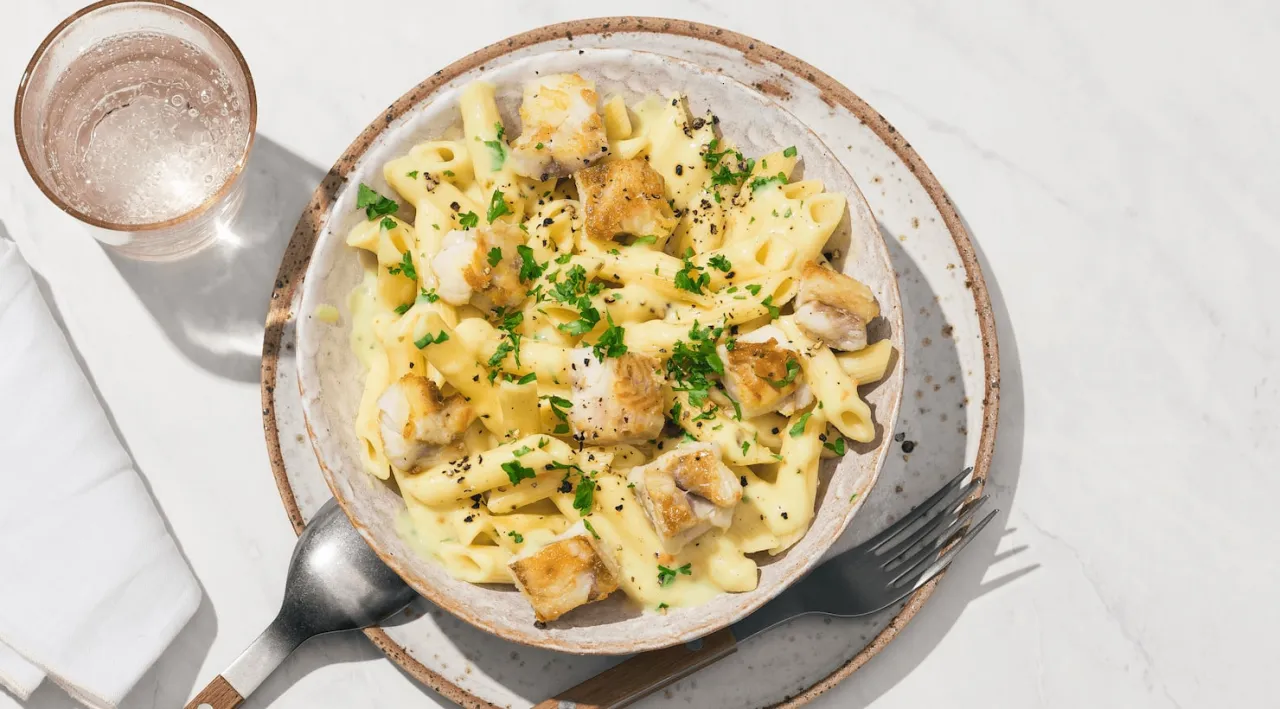 verschiedene Fisch-Pasta Gerichte