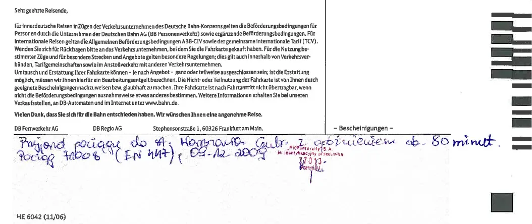 Formularz reklamacyjny PKP, odszkodowanie za opóźniony pociąg