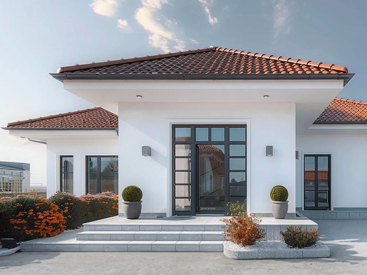Biała elewacja z czerwonym dachem