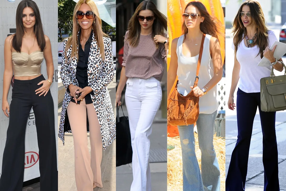 kobiety o r&oacute;żnych typach sylwetki w spodniach dzwonach stylizacje