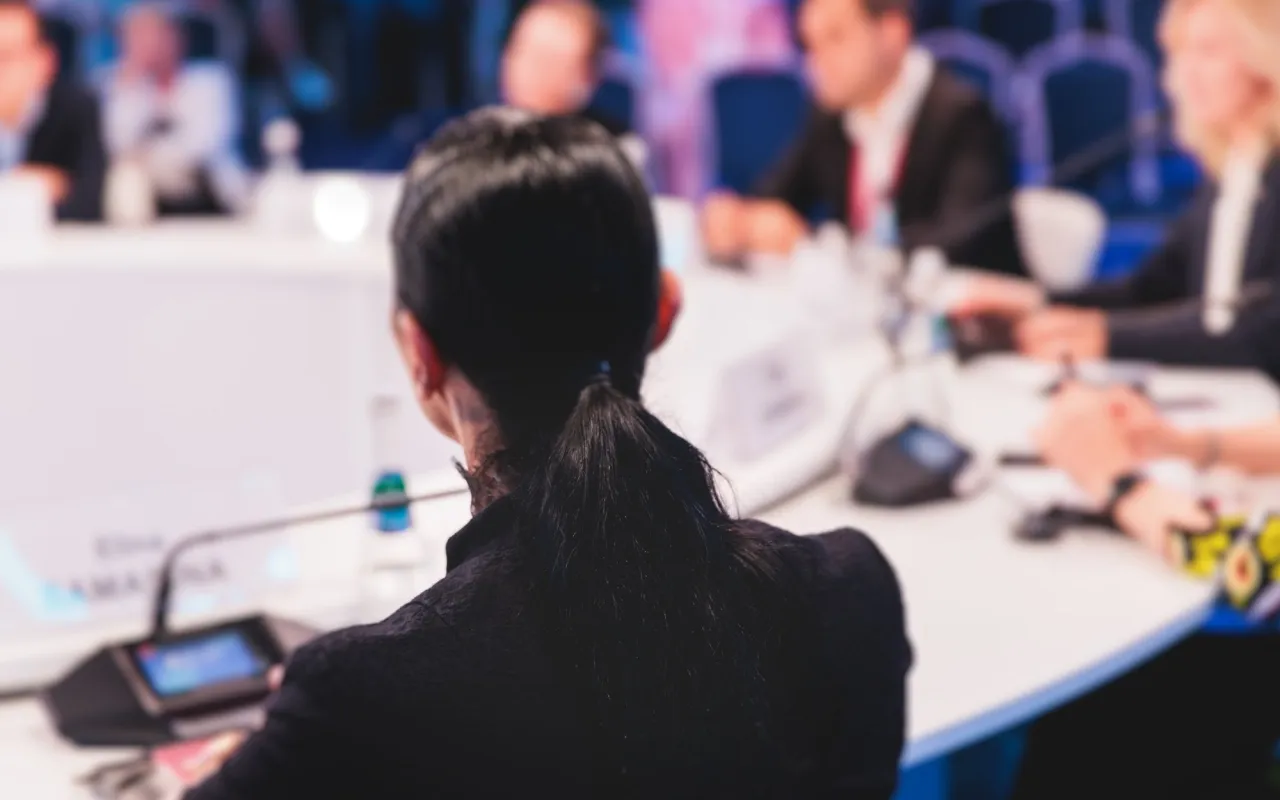 Kobieta z tyłu głowy, siedząca przy stole konferencyjnym. Dyskutują o tym, absolutorium co to znaczy.