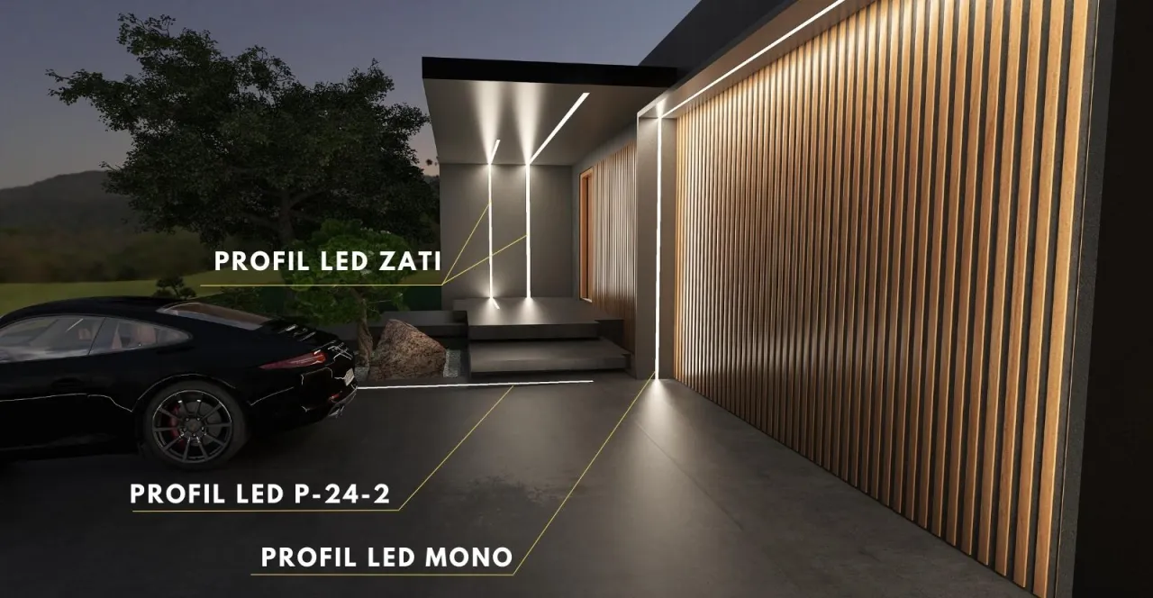 Nowoczesna willa z czarnym Porsche, oświetlona eleganckimi lampami w podbitce.