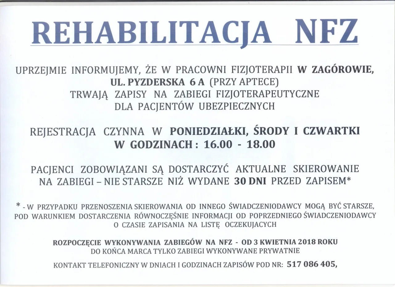 rejestracja skierowania rehabilitacja NFZ