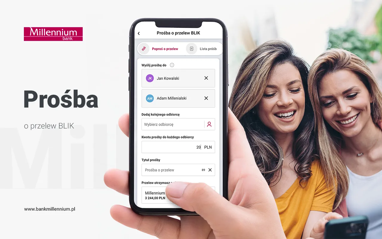 Jak aktywować BLIK w Millenium? Aplikacja pokazuje prośbę o przelew. Dwie kobiety uśmiechają się, patrząc na ekran.