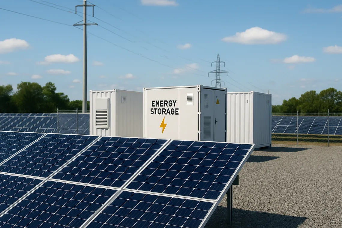 Wizualizacja nowoczesnego magazynu energii połączonego z farmą fotowoltaiczną