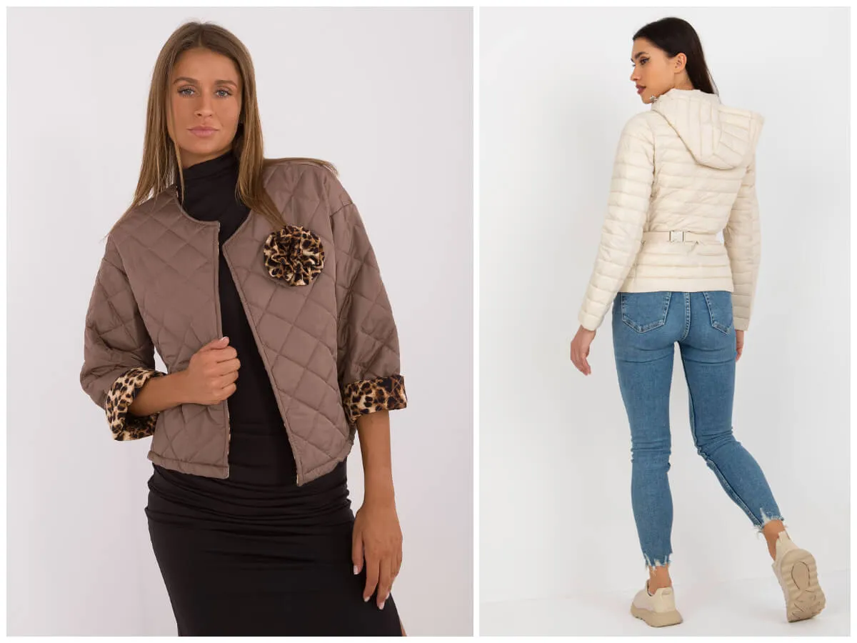 Dwie stylowe propozycje: pikowana kurtka z lamparcim akcentem i lekka kremowa kurtka z kapturem. Idealna jaka kurtka na wiosnę.