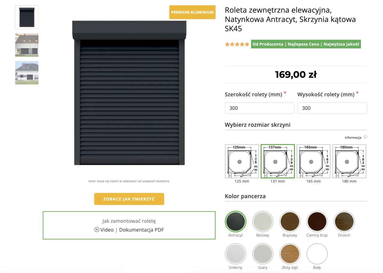 Rolety zewnętrzne elektryczne w kolorze antracytowym, idealne do nowoczesnych elewacji.