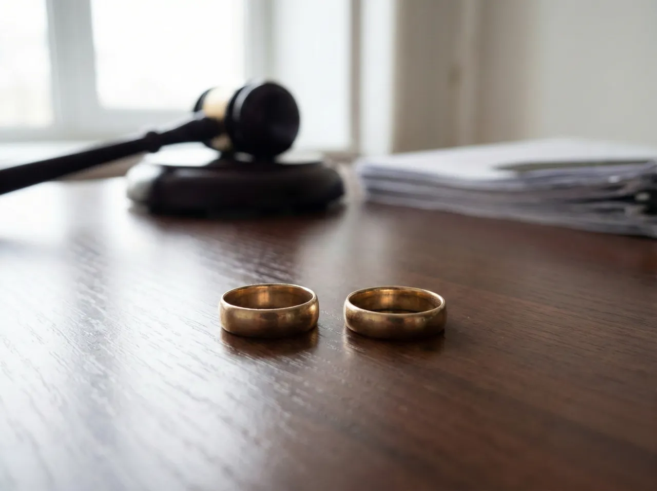 Dwa obrączki na drewnianym stole obok młotka sędziowskiego i sterty dokumentów, symbolizujące pozew rozwodowy z orzeczeniem o winie.