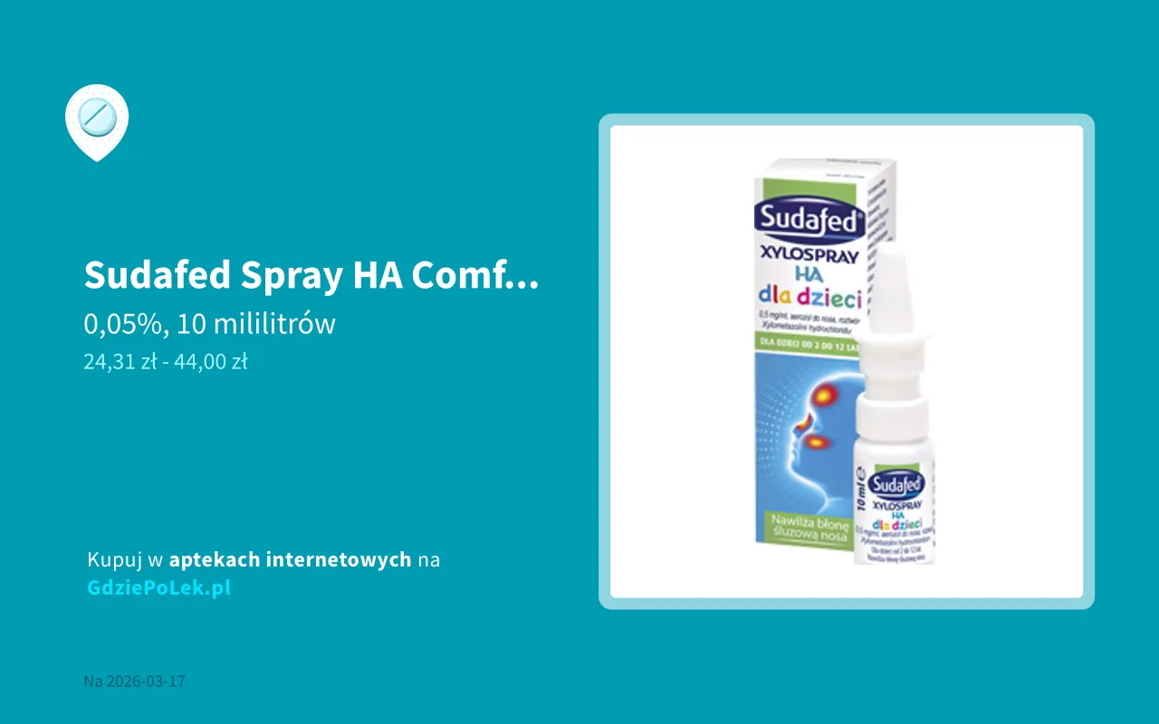 Sudafed Spray HA dla dzieci z xylometazoliną, cena 24,31-44,00 zł. Czy xylometazolin czy na receptę? Sprawdź na GdziePoLek.pl.