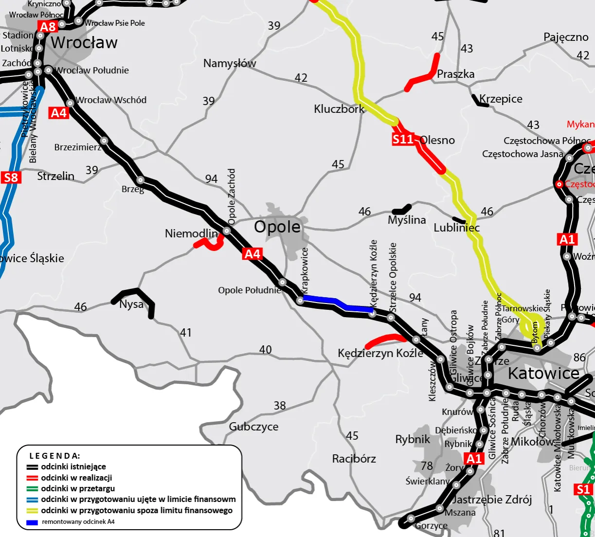 Mapa autostrady A4 Wrocław Gliwice e-TOLL