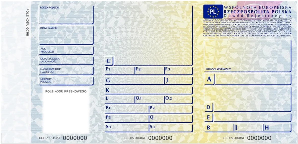 Wzór dowodu rejestracyjnego z zaznaczonymi polami norma Euro