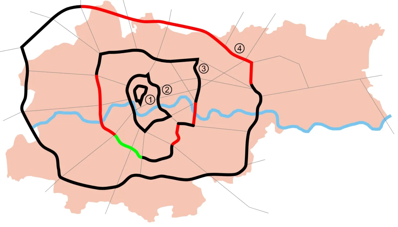 Mapa stref czystego transportu w Krakowie. Czerwone linie oznaczają obszary objęte restrykcjami, zielony odcinek to strefa przejściowa.