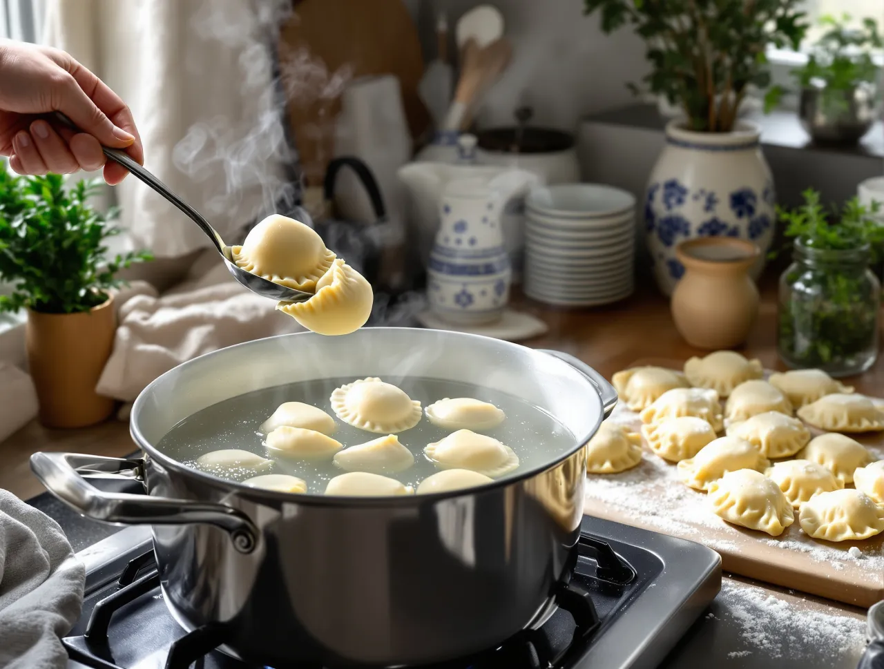 Jak gotować pierogi? Ręka z łyżką wkłada świeżo ulepione pierogi do wrzącej wody. Na desce leżą kolejne pierogi.