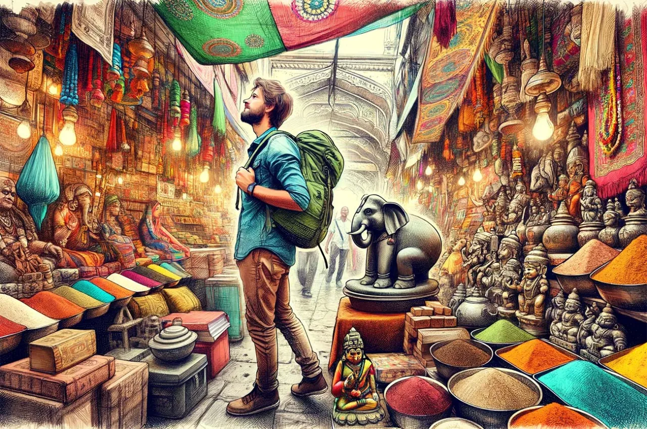 Kolorowy bazar w Indiach, pełen przypraw, figurek i tkanin. Idealne miejsce, by zastanowić się, co warto przywieźć z Indii.