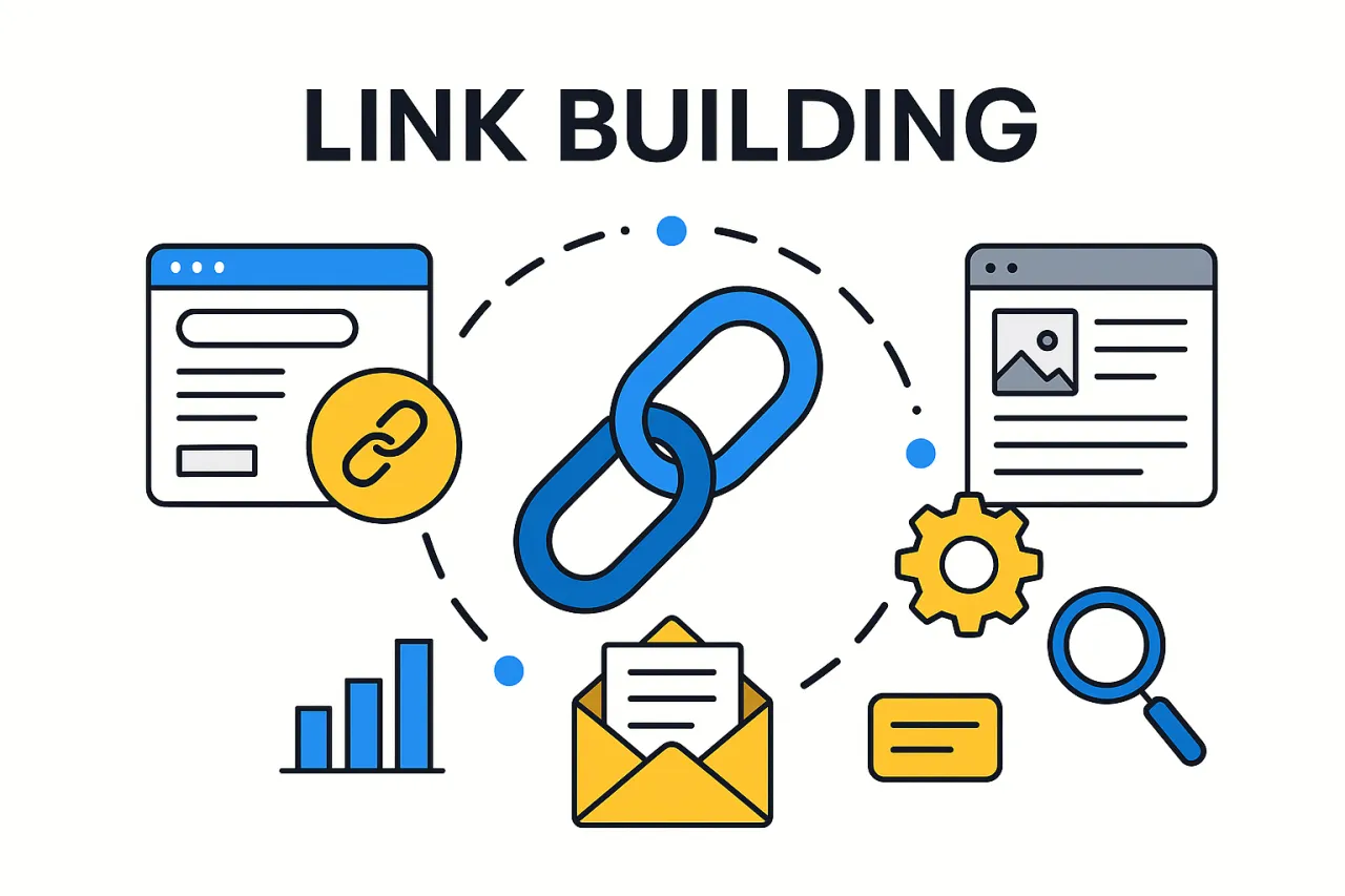 Grafika ilustruje strategię LINK BUILDING: ikony stron, łańcuch, koperta, wykresy, lupa i koło zębate.