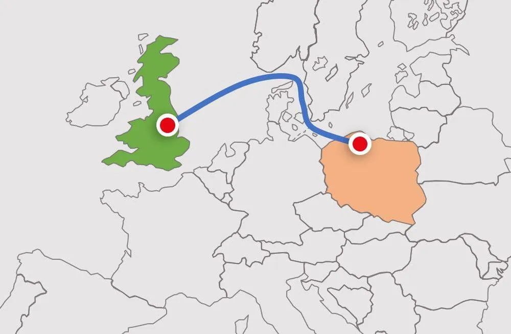 Mapa tras drogowych z Wielkiej Brytanii do Polski