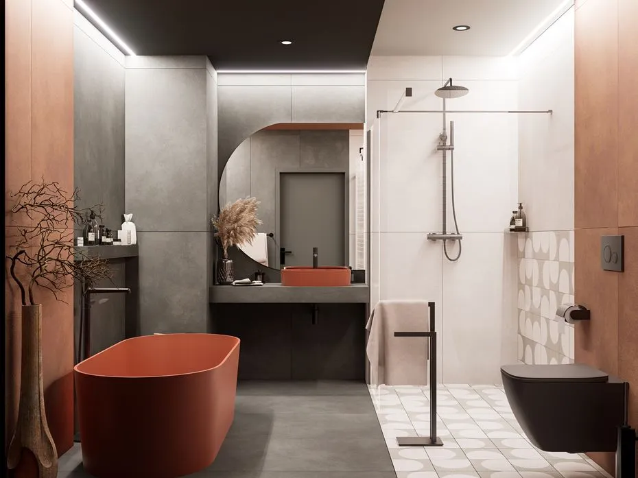 Nowoczesna łazienka 10m2 z wanną wolnostojącą i prysznicem walk-in