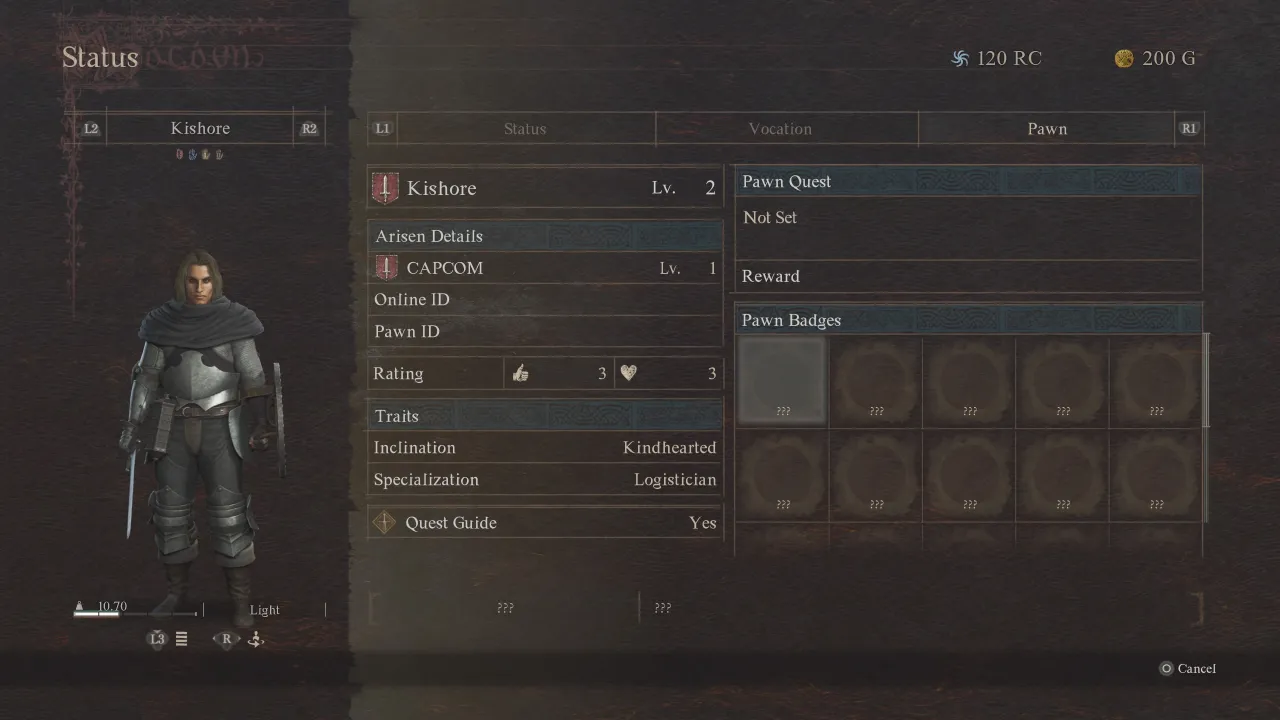 Status postaci w Dragon's Dogma 1: Kishore, poziom 2, z cechami