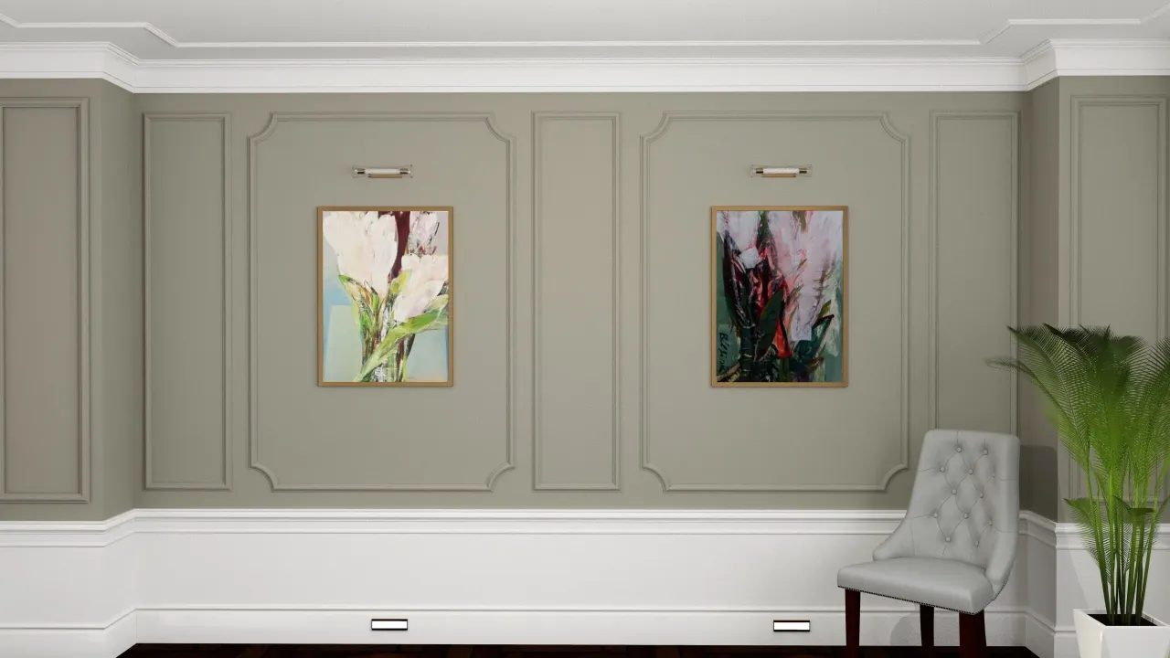 Eleganckie listwy ścienne aranżacje tworzą ramę dla abstrakcyjnych obrazów. Jasne panele i biała sztukateria nadają wnętrzu lekkości.