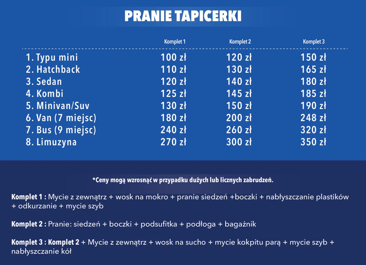 pranie tapicerki samochodowej cennik tabela
