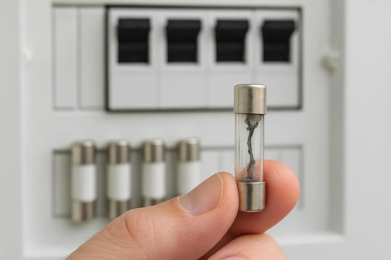 Spalony bezpiecznik w dłoni, wskazujący na awarię instalacji elektrycznej. W tle widoczna skrzynka z bezpiecznikami.