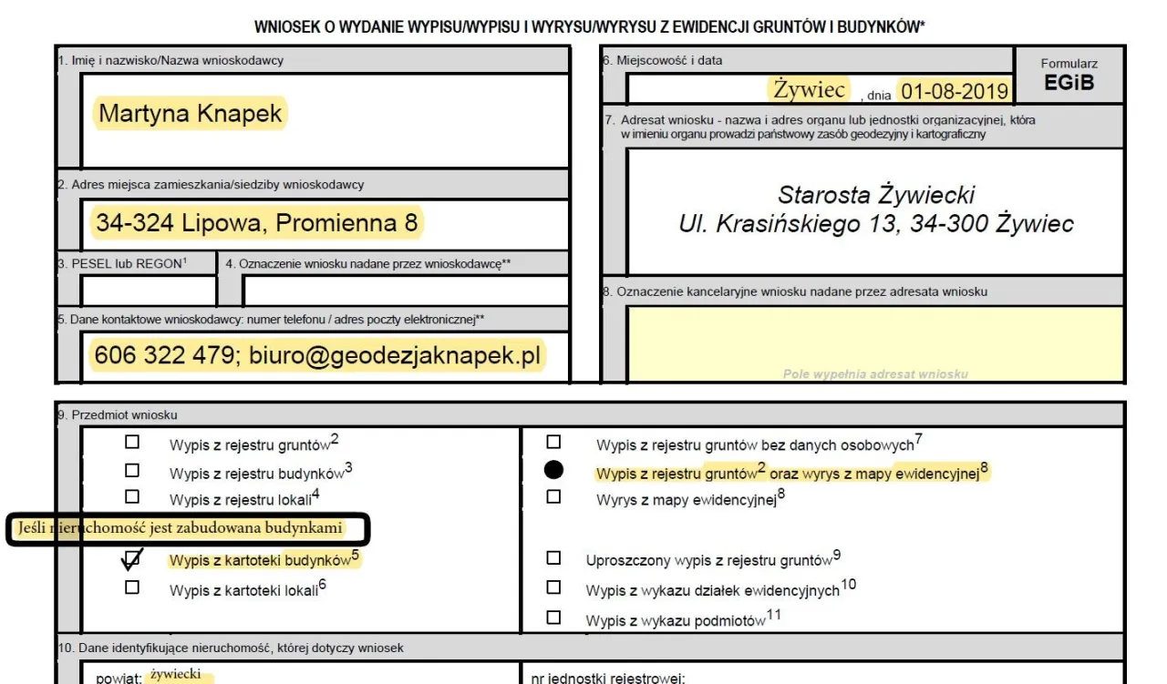 wniosek o wypis i wyrys z ewidencji gruntów