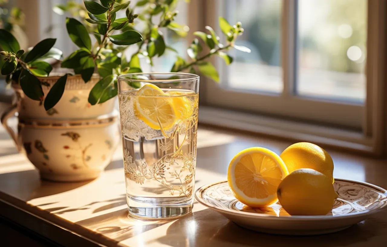 Szklanka orzeźwiającej wody z cytryną i cytryny na talerzyku. Woda z cytryną daje energię i nawadnia.