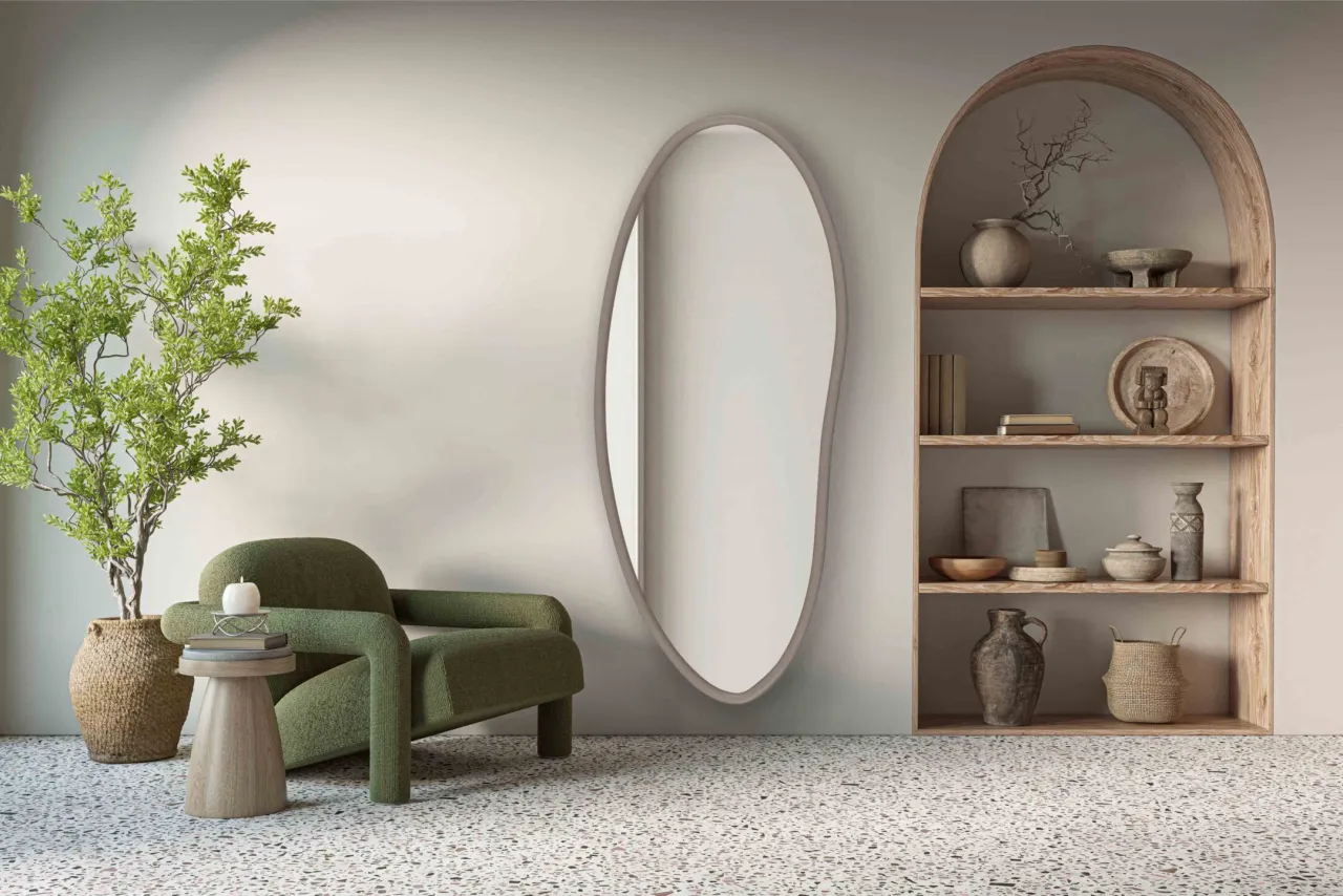 rośliny w sypialni i lustra organiczne