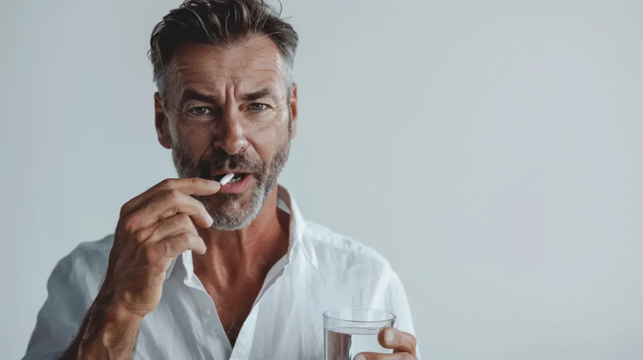 mężczyzna pije wodę z tabletką