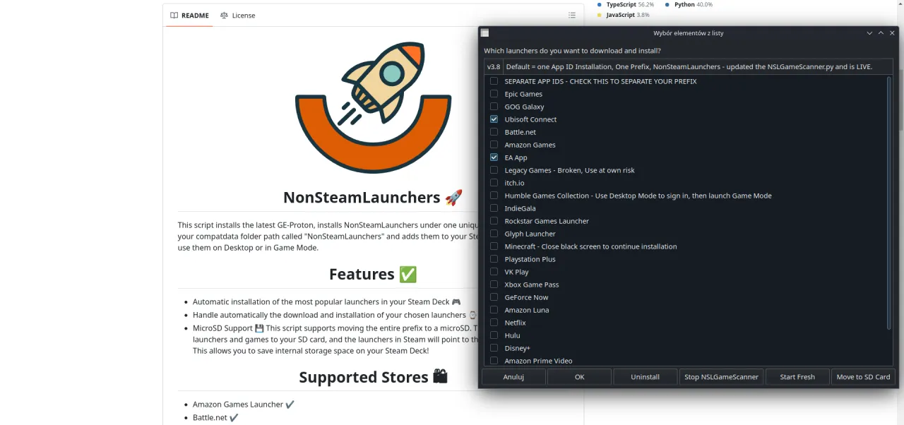 Wybierz launchery do pobrania, aby zainstalować gry na laptopie. Zaznaczono EA App i Ubisoft Connect.