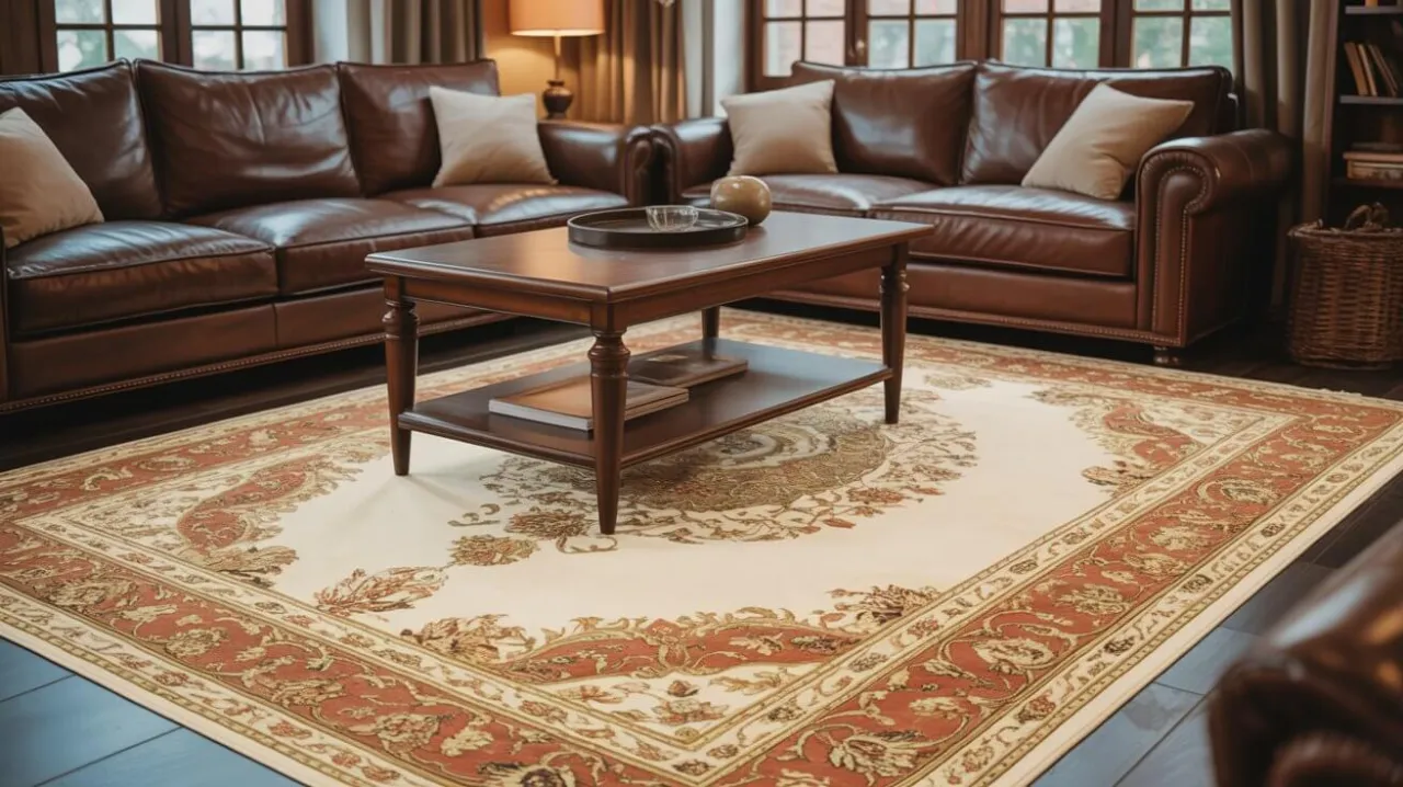 Dywan z geometrycznym wzorem w salonie z brązowymi meblami