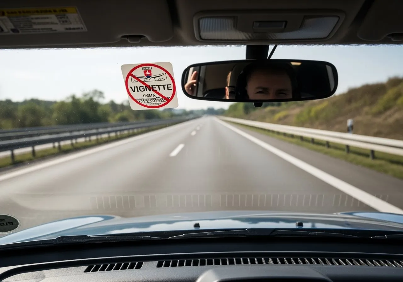 Naklejka ostrzegawcza na szybie przypomina o konieczności posiadania winiety na Słowacji, aby uniknąć mandatu.