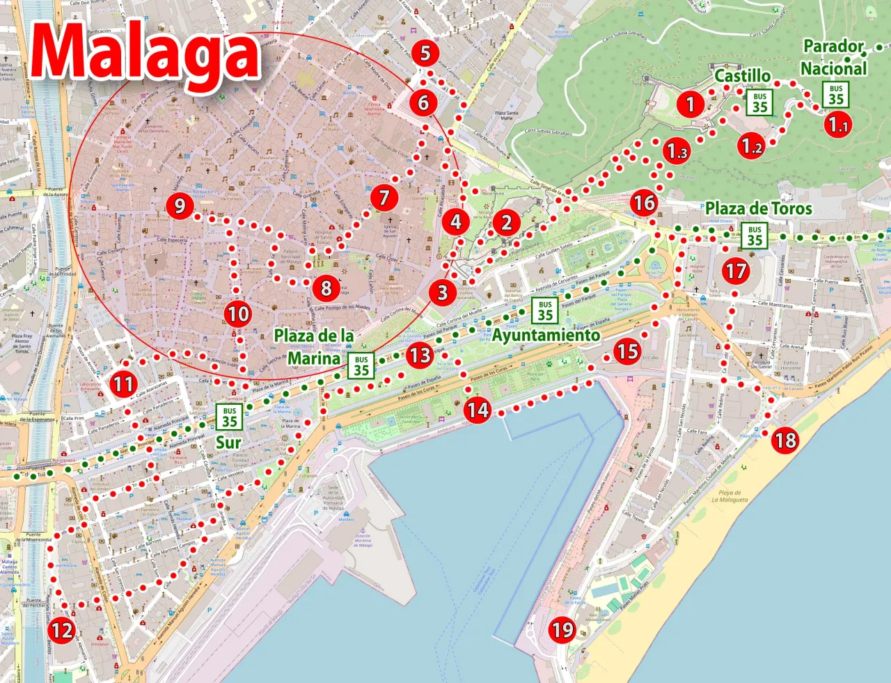 Mapa turystyczna Malagi z zaznaczonymi atrakcjami: zamek, plac byków, marina, plaża. Gdzie jest Malaga? Tutaj!