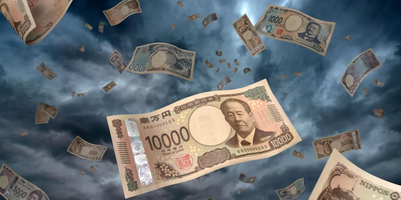 Japońskie banknoty, w tym 10000 jenów, spadają z nieba. Jaka jest waluta w Japonii? Jen.