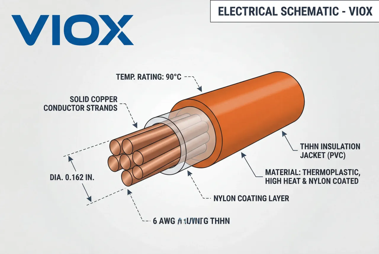 Schemat kabla VIOX: miedziane żyły, izolacja PVC, powłoka nylonowa. Przew&oacute;d 6 AWG THHN.