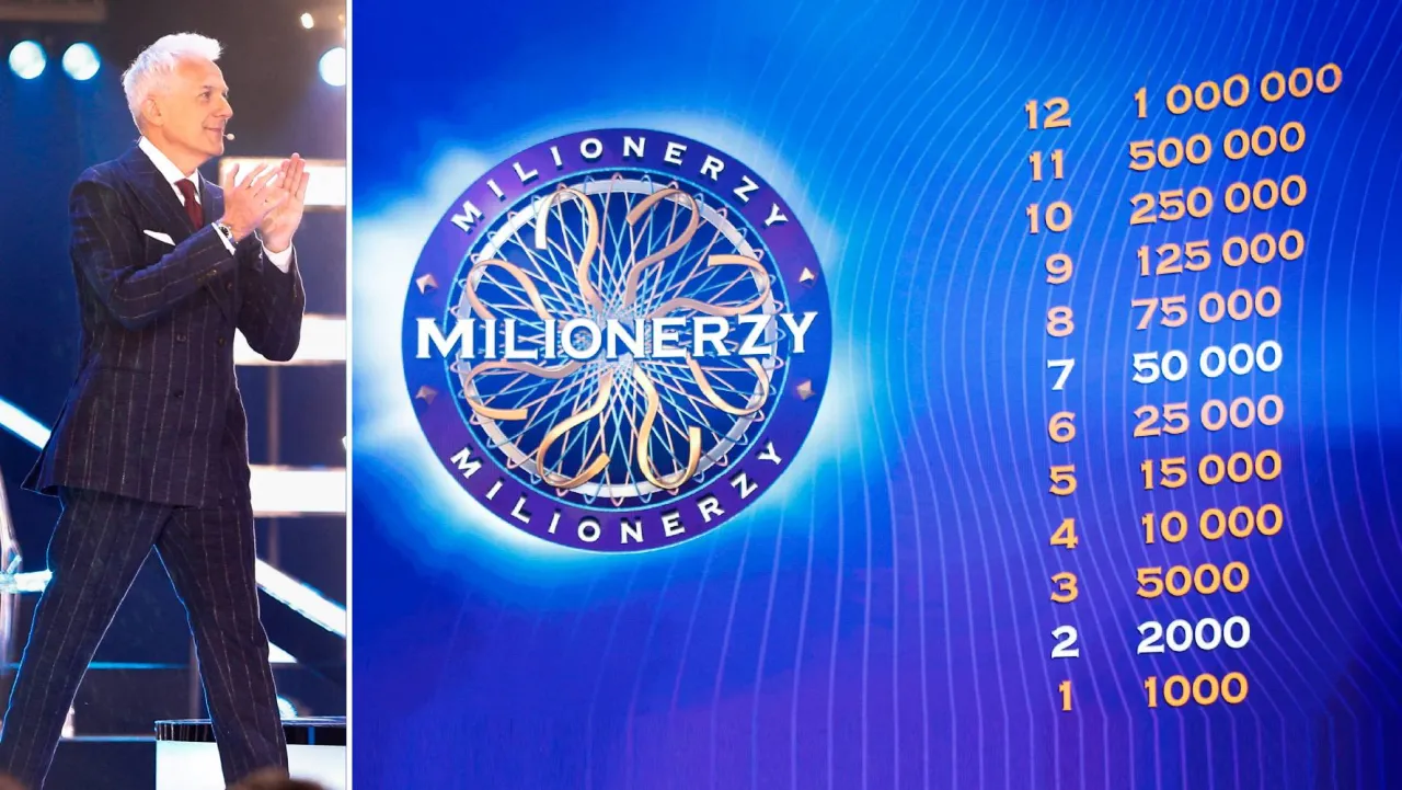 Hubert Urbański w garniturze podczas nagrania programu kiedy program Milionerzy. Obok logo i lista wygranych.
