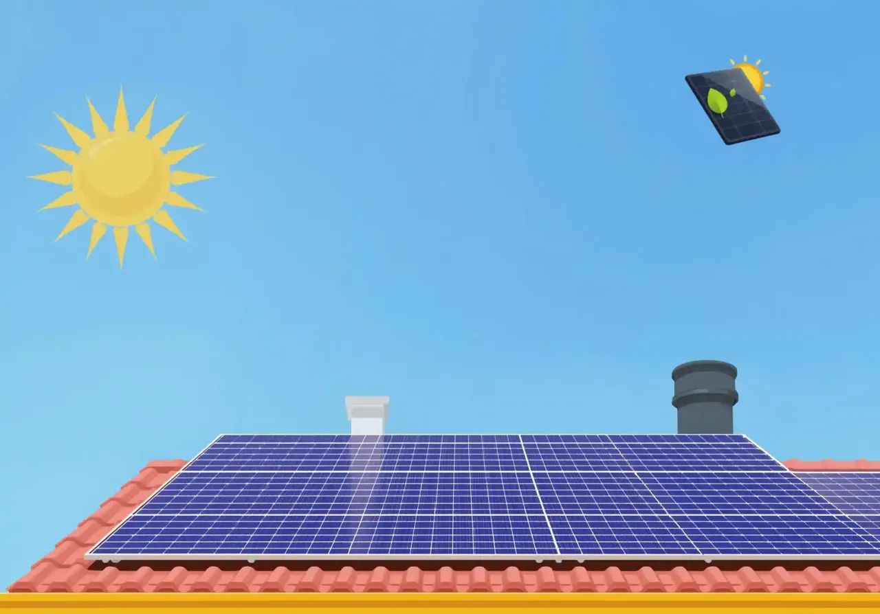 Słońce świeci na panele fotowoltaiczne na dachu. To ekologiczne rozwiązanie, kt&oacute;re może pom&oacute;c obniżyć rachunki, a nawet skorzystać z dotacji, np. vat na fotowoltaikę.