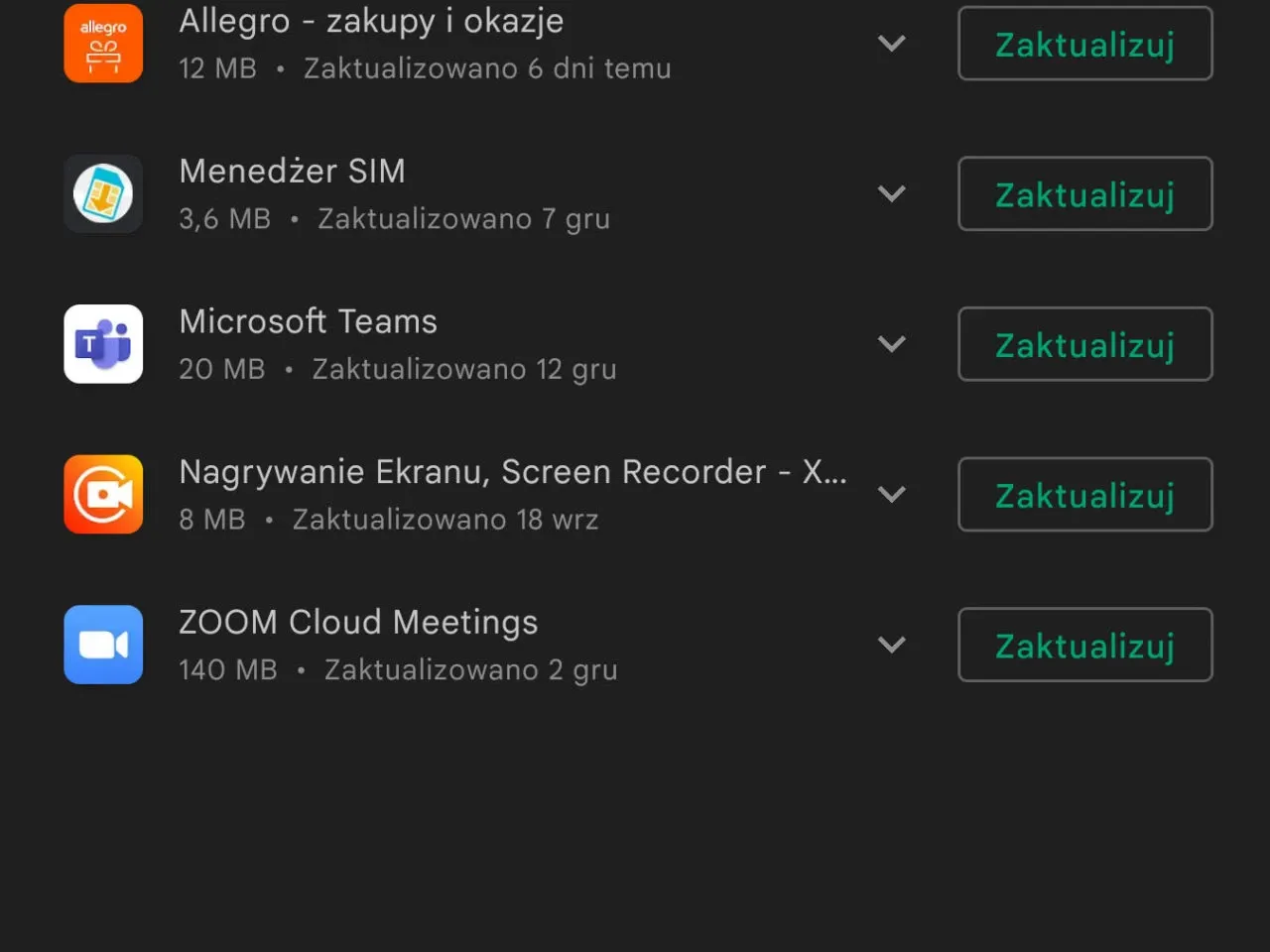 Lista aplikacji do aktualizacji na Androidzie: Allegro, Menadżer SIM, Microsoft Teams, Nagrywanie Ekranu, ZOOM. Kliknij 