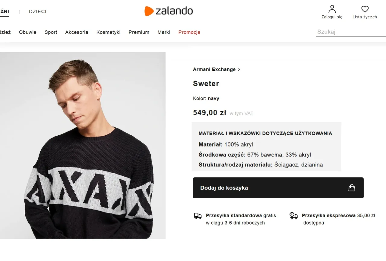 Mężczyzna w swetrze z napisem AX. Materiał: 100% akryl. Czy akryl to dobry materiał na sweter?