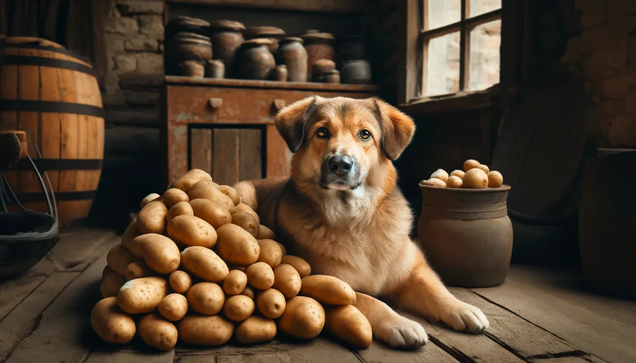 Czy pies może jeść ziemniaki? Ten pies leży obok góry ziemniaków w wiejskiej spiżarni, zastanawiając się nad swoim menu.