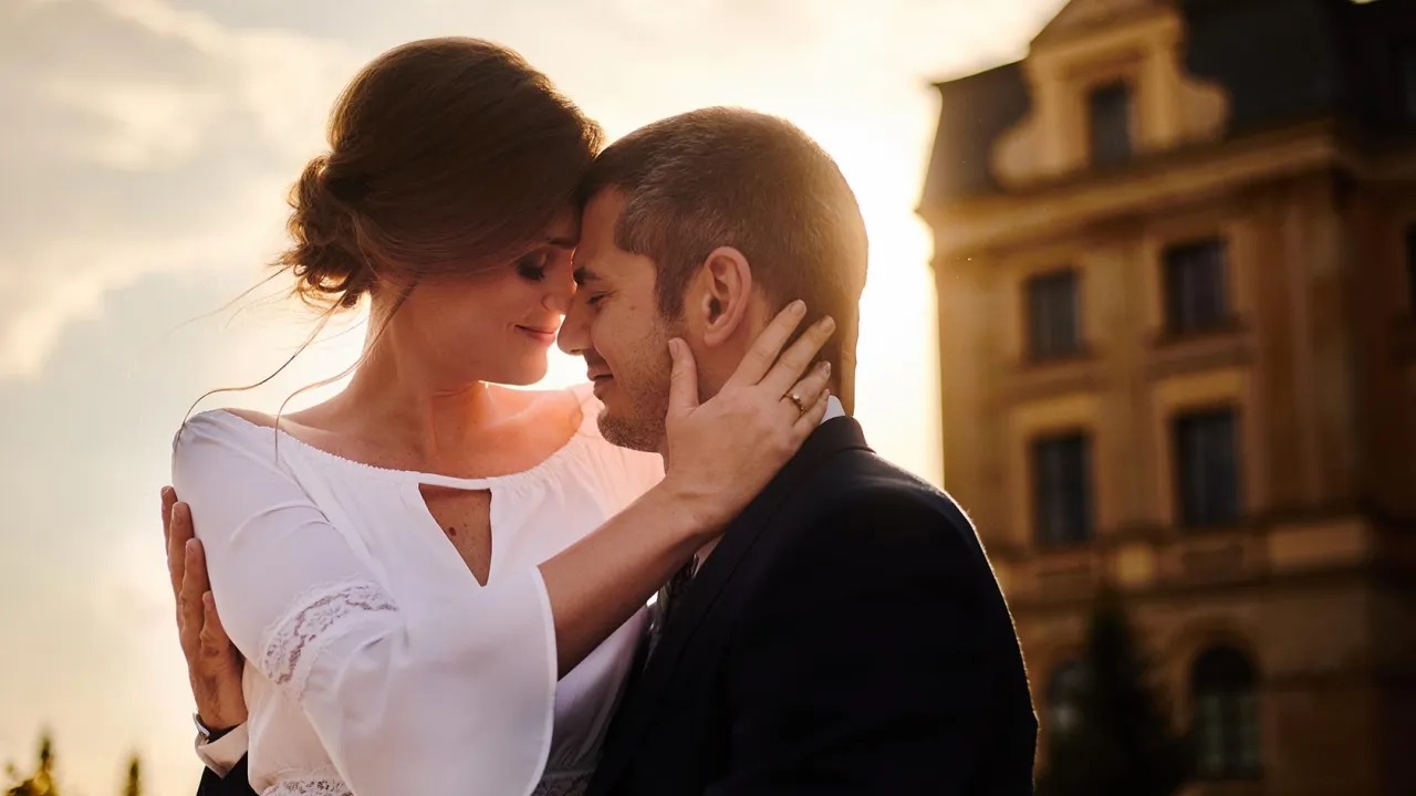 Para dowoduje, jak napisać do fotografa na wesele. Romantyczny kadr z parą młodą na tle zachodzącego słońca i zabytkowej kamienicy.