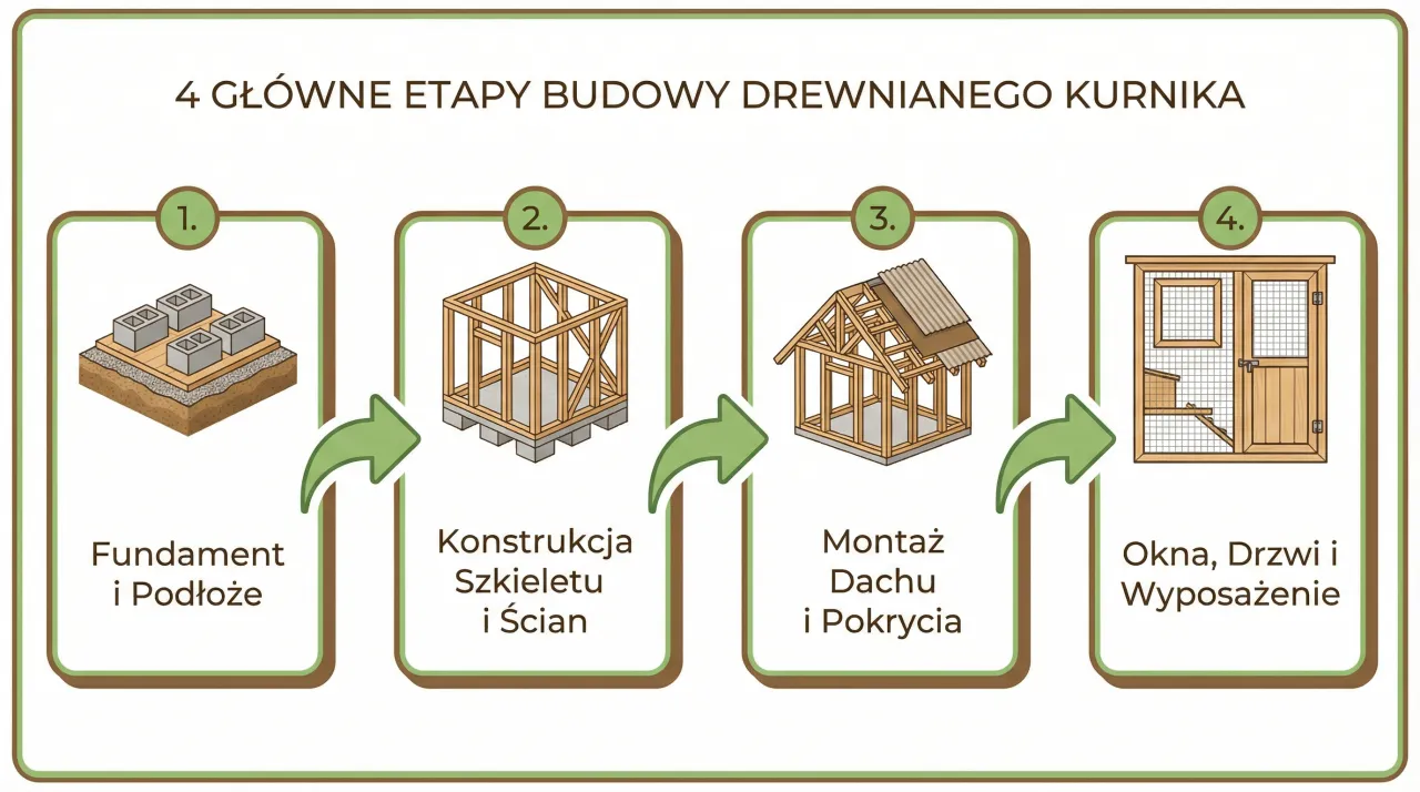 4 etapy budowy drewnianego kurnika na 30 kur: fundament, konstrukcja szkieletu i ścian, montaż dachu i pokrycia, okna, drzwi i wyposażenie.