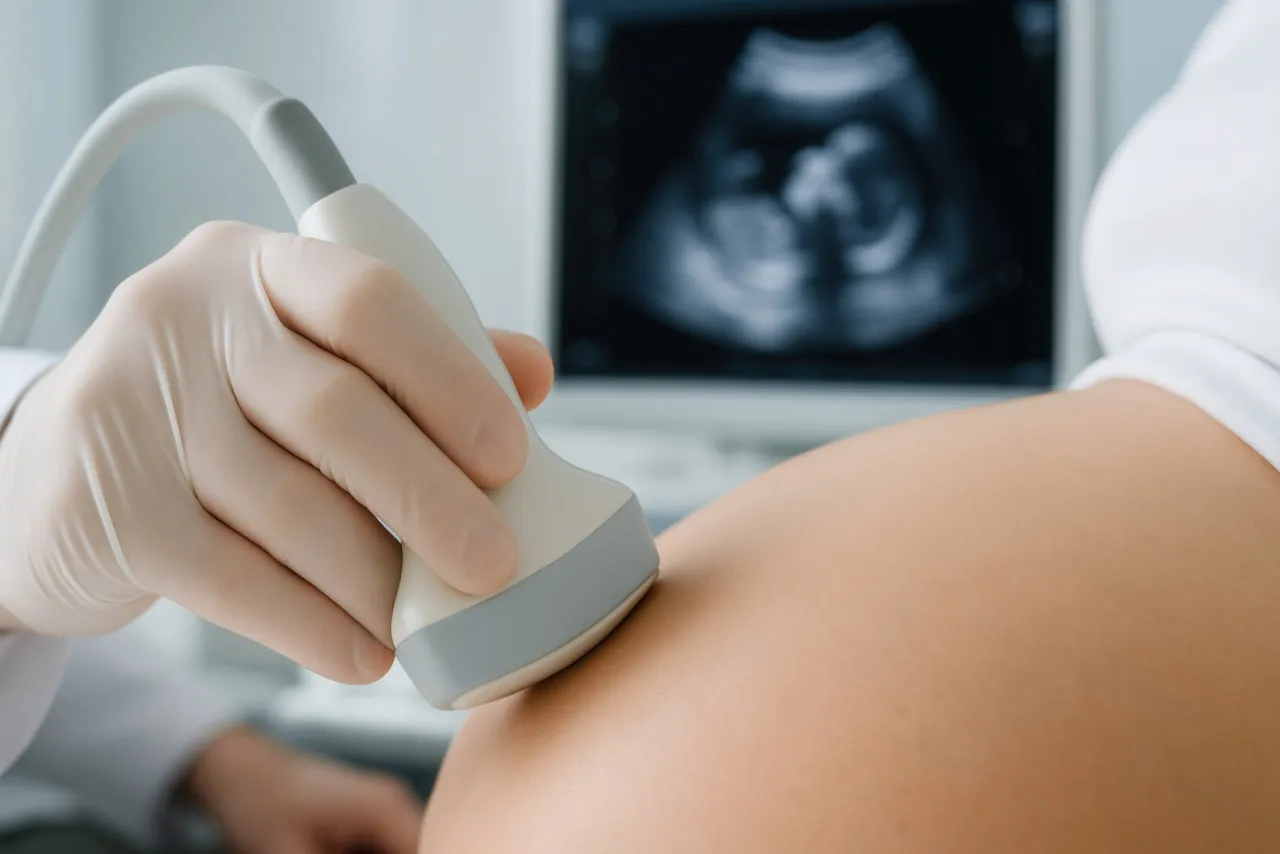 Ginekolog wykonuje badanie USG płodu. Na ekranie widać obraz z USG, a sonda przykładana jest do brzucha ciężarnej. To kluczowy element badań prenatalnych jak się przygotować.