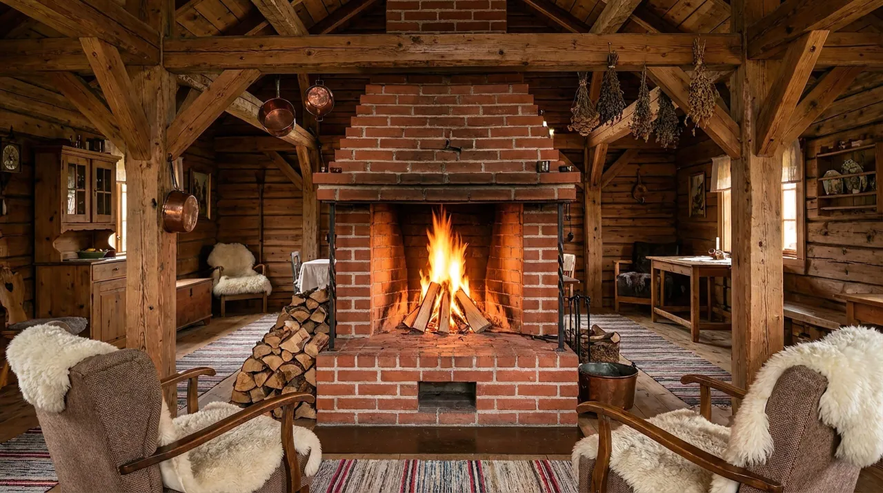 Przytulne wnętrze z palącym się kominkiem. Wkrótce zakaz palenia w kominkach 2030, więc cieszmy się tym widokiem.