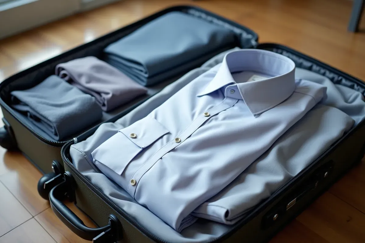 Przygotowanie koszuli do pakowania, zapięte guziki, wyprasowana koszula