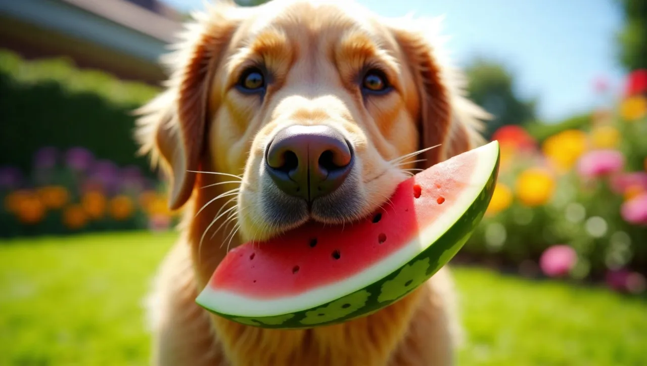 szczęśliwy pies jedzący arbuza w letni dzień