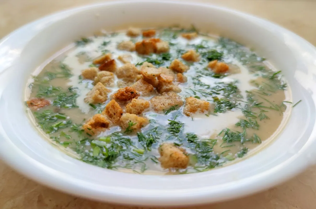 Aromatyczna zupa grzybowa w misce z koperkiem i suszonymi grzybami